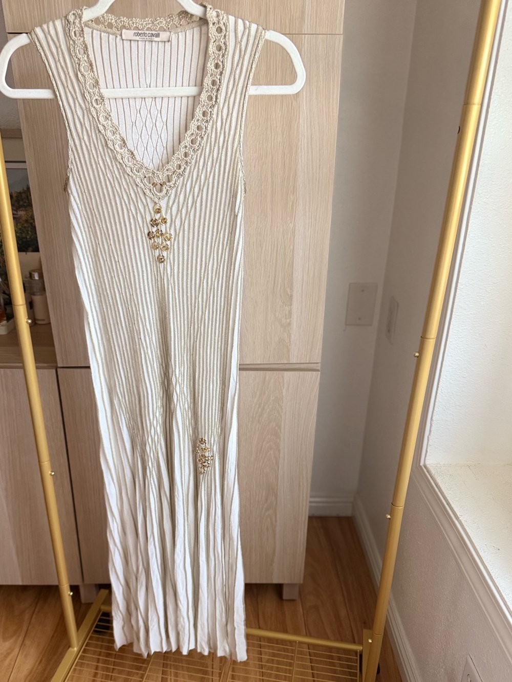Roberto Cavalli Ivory Sleeveless Knit Midi Dress with Gold Embellishments